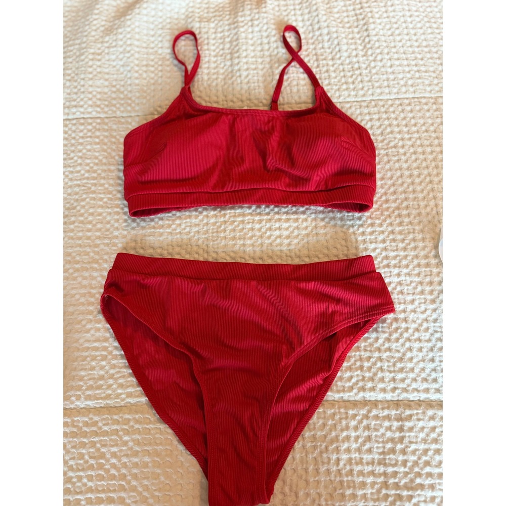 Cupshe Red Ribbed High Waisted Bikini Set Two Piece Swimsuit Women Medium NWT